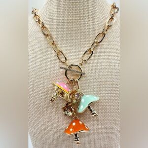 New never worn Gold Chain Necklace with Mushroom and flower Charms